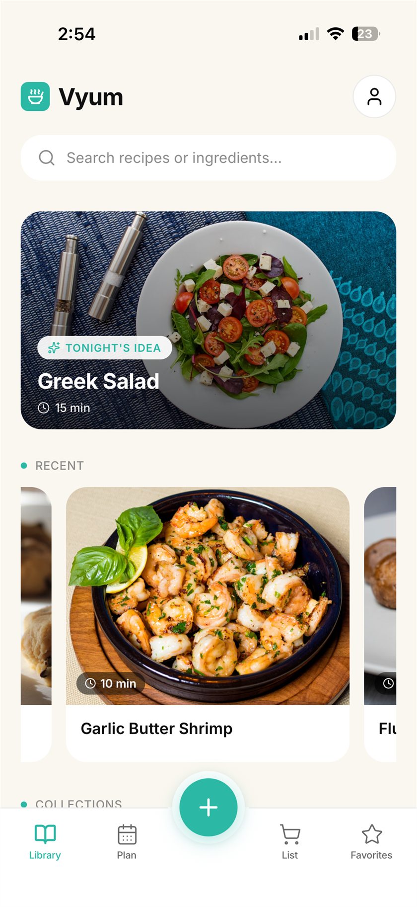 The Vyum library on iPhone: a Greek salad suggested for tonight, recent recipes below it, and collections underneath.