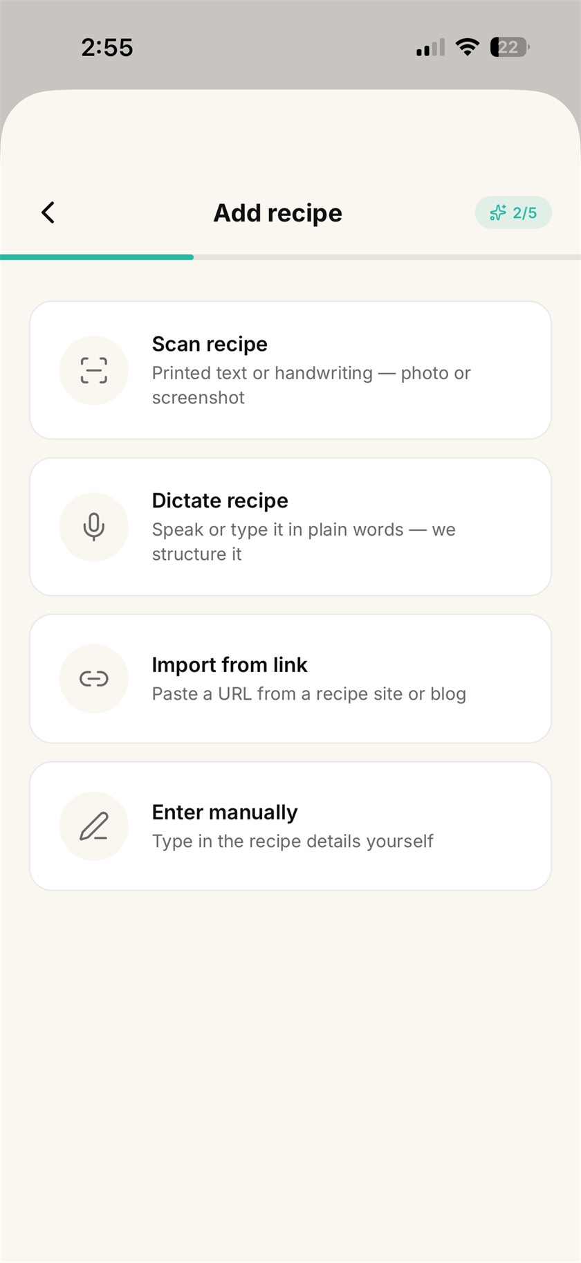 Adding a recipe in Vyum: scan a photo or screenshot, dictate it, import from a link, or type it in yourself.