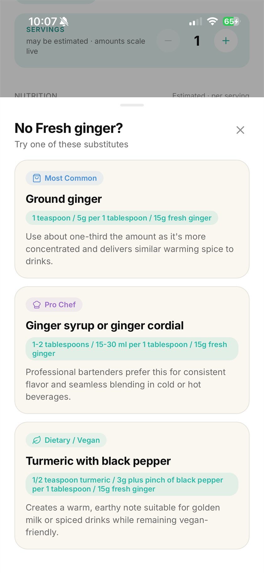 Vyum offering three substitutes for fresh ginger: ground ginger, ginger syrup, and turmeric with black pepper, each with its own amount.
